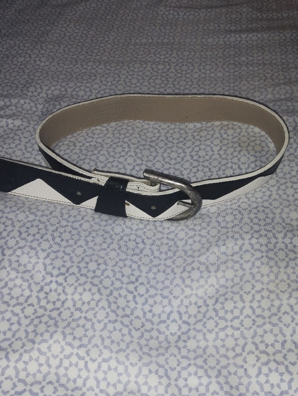Carlos Falchi Black and White Leather Belt with Silver Curved Buckle